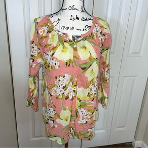 Chaps Women’s Large Rose And Yellow Floral Print Guazey Cotton Shirt 3/4 Sleeve